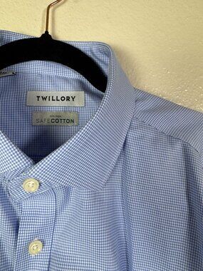 Twillory Tailored Fit Non-Iron Safe Cotton Dress Shirt Blue Men 17 34/35 Gingham